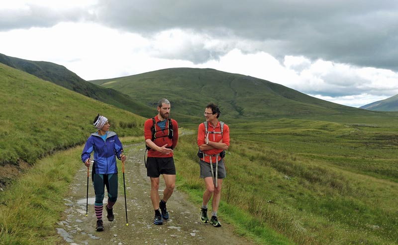 Sabrina Verjee discusses routes with Paul Tierney centre and Steve Birkinshaw during her 2020 Wainwrights round photo by Chris Lines 003