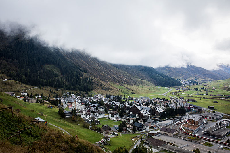 View of Andermatt photographed from the descent of Klettersteig Diavolo via the Kirschberg forest